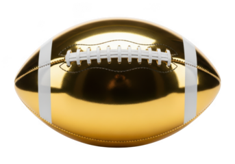 A highly reflective golden american football with white laces and stitching isolated on transparent background