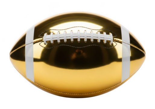 A highly reflective golden american football with white laces and stitching isolated on transparent background