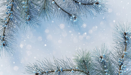 Winter wonderland Festive Christmas background with fir branches, snow, and serene blue hues