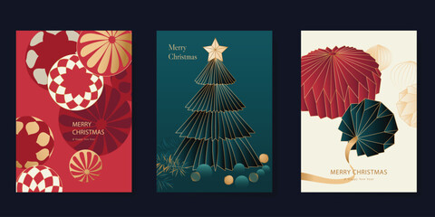 Merry Christmas and Happy New Year greeting card vector set. Luxury invitation with Christmas tree, leaves, sparkle, spot texture on navy blue background. Design illustration for season's card, ads.