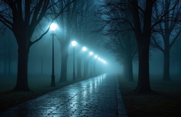 Empty park alley with glowing streetlights in dense fog at night. Wet cobblestone path reflects soft blue light from lamps. Bare autumn trees line walkway, creating moody atmosphere. No people