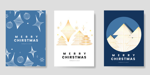 Merry Christmas and Happy New Year greeting card vector set. Luxury invitation with Christmas tree, leaves, sparkle, spot texture on navy blue background. Design illustration for season's card, ads.