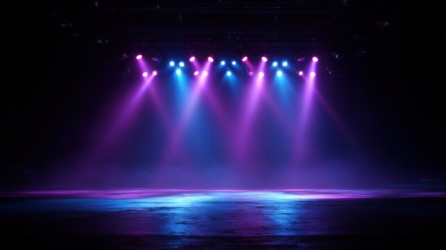 Stage illuminated by purple and blue spotlights - Powered by Adobe