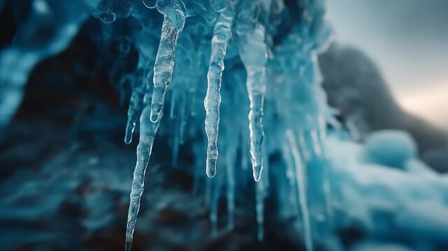 Close up of blue icicles in winter with textured crystalline formations