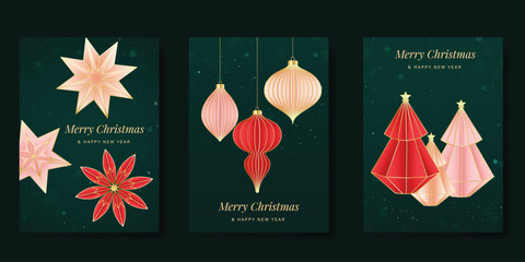 Merry Christmas and Happy New Year greeting card vector set. Luxury invitation with Christmas tree, leaves, sparkle, spot texture on green background. Design illustration for season's card, ads.