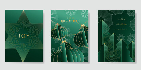 Merry Christmas and Happy New Year greeting card vector set. Luxury invitation with Christmas tree, leaves, sparkle, spot texture on green background. Design illustration for season's card, ads.