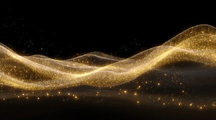 Abstract Golden Waves with Glittering Particles on Black Background, Festive and Elegant Design