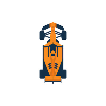 Topdown view of an orange and blue formula 1 race car isolated on transparent background