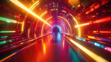 Futuristic neon digital tunnel creating light speed motion