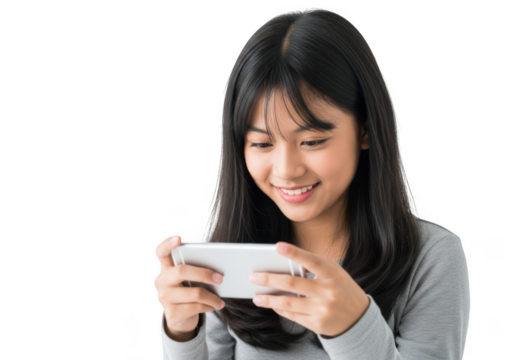 Young woman with long dark hair smiling while holding a smartphone horizontally and looking at its screen isolated on transparent background