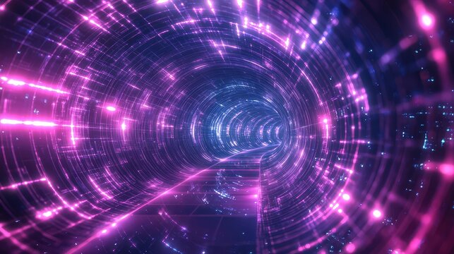 Futuristic speed tunnel in abstract cyberspace with glowing light trails