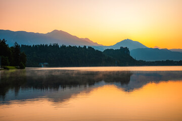 Bled, Slovenia. Bled Castle with Lake Bled with the Church of the Assumption of Maria and Julian Alps in the background