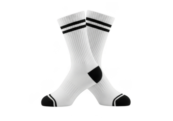 Pair of white athletic crew socks with black stripes at the top and toe details isolated on transparent background