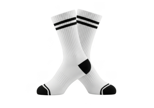 Pair of white athletic crew socks with black stripes at the top and toe details isolated on transparent background - Powered by Adobe