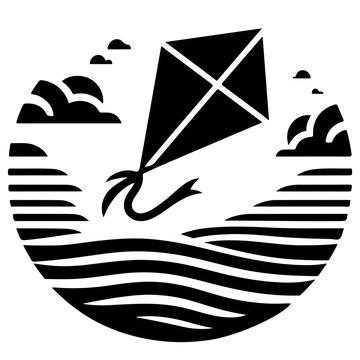 Black and white graphic of a kite flying over water with clouds in a circular frame design element