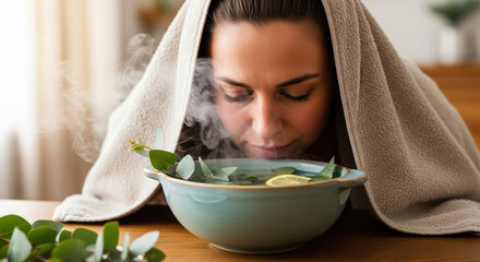 Bronchitis treatment with natural herbs at home, including eucalyptus and steam, provides soothing relief, while woman inhales aroma. Bronchitis home treatment also involves rest and hydration.