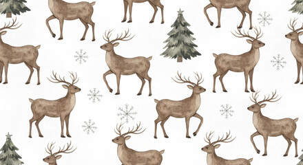 Watercolor Deer Seamless Pattern with Winter Snowflakes and Christmas Trees