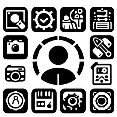 A collection of various black and white icons including cameras, gears, and a person in a target like frame