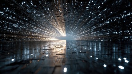 Digital data stream flowing through abstract tunnel