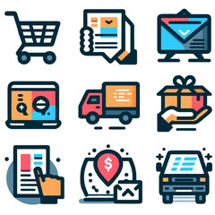 Illustration of online shopping elements including cart, truck, and package delivery icons