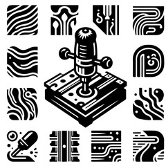 Illustration of a milling machine surrounded by abstract patterns and linear design elements in black and white