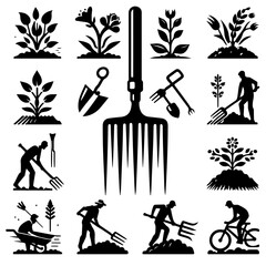 Collection of gardening tools and plants including a large rake shovel and various gardening activities scenes