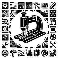 Illustration of a jigsaw surrounded by various tools and woodworking elements in a circular arrangement