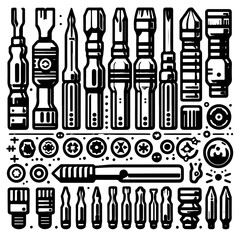 Illustration of various screwdriver bits and heads arranged in rows in a black and white graphic style