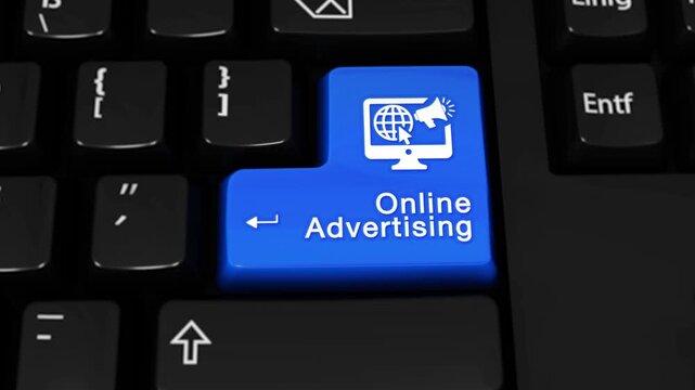 A blue keyboard button labeled Online Advertising features a monitor graphic a globe and a megaphone