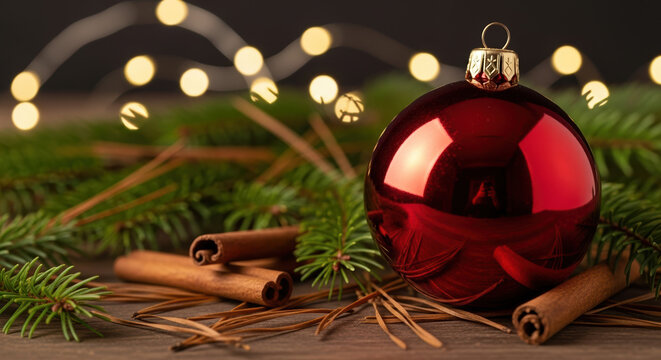 Christmas ornament and cinnamon sticks on fir branches create festive still life. Christmas setup includes shiny red bauble and spices. - Powered by Adobe