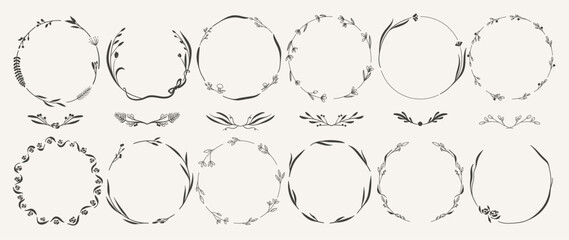 Fototapeta premium line wreath hand drawn with flower and leaf branch for wedding banner , botanical logo template 