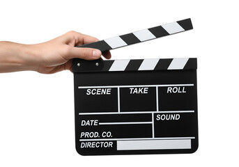 Obraz premium Hands with cinema clapper board isolated film production action scene cinematography studio motion entertainment industry producer On transparent background 