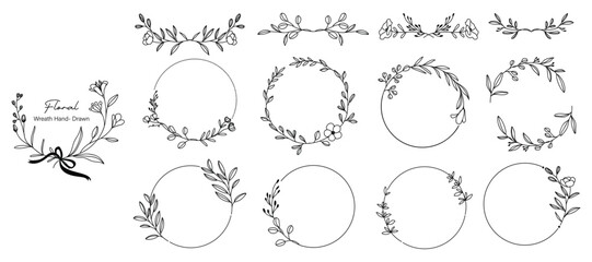 line wreath hand drawn with flower and leaf branch for wedding banner , botanical logo template 