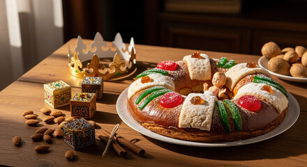 Three Kings' Day with Rosca de Reyes, golden crown, and decorative boxes on rustic wood table, celebrate traditional Epiphany holiday.