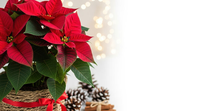 Christmas poinsettia plant with pine cones and cinnamon sticks creates festive Christmas ambiance. Poinsettia plant brings holiday spirit, complemented by rustic elements evoking Christmas warmth. - Powered by Adobe