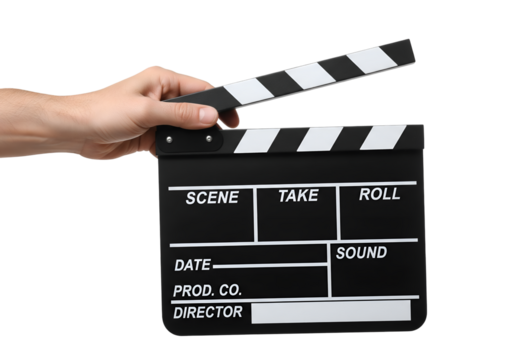 Hands with cinema clapper board isolated film production action scene cinematography studio motion entertainment industry producer On transparent background 