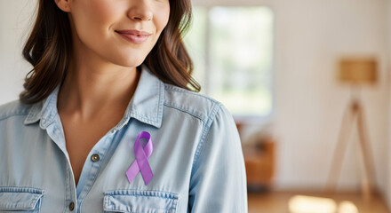 Presenting Epilepsy Awareness Month with purple ribbon pinned to light blue shirt, shown on smiling woman. Remembering Epilepsy Awareness Month each November with purple ribbon symbolizes support.