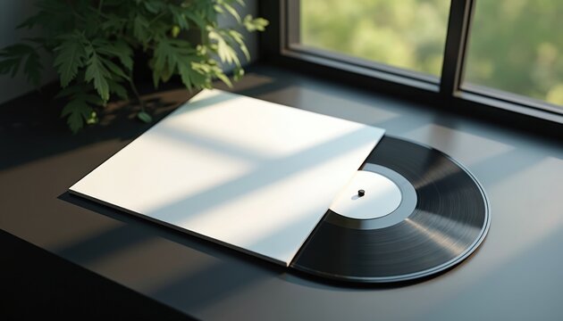 Black vinyl record and blank white cover sit on dark surface. Natural light casts shadows near green plant and window, offering clean backdrop for music, art, or retro design.