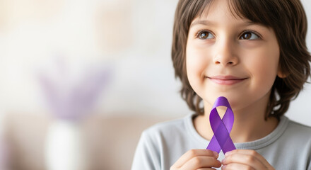Demonstrating support during Epilepsy Awareness Month with young boy holding purple ribbon. Epilepsy Awareness Month brings families together to help those with seizures,