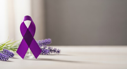 Epilepsy awareness month symbol: purple ribbon and lavender sprigs on bright table for Epilepsy awareness month. This scene represents understanding and support during Epilepsy awareness month.