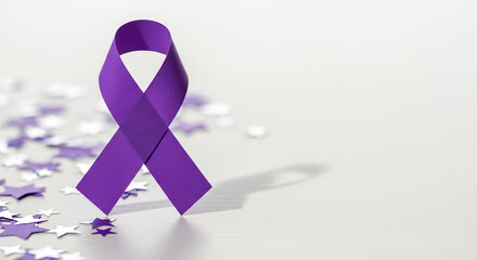 Displaying Epilepsy Awareness Month with purple ribbon, awareness ribbon and star confetti on white surface. Epilepsy Awareness Month encourages understanding and support during November.