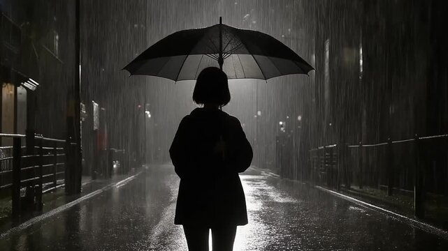 雨空の下で孤高に立つ人物のシルエット表現
