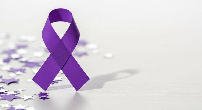 Displaying Epilepsy Awareness Month with purple ribbon, awareness ribbon and star confetti on white surface. Epilepsy Awareness Month encourages understanding and support during November.