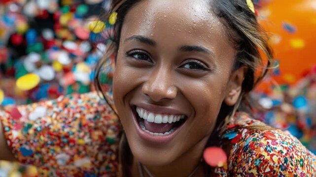 Joyful Celebration: A woman radiates happiness amidst a vibrant explosion of confetti and balloons, capturing a moment of pure joy and celebration. 
