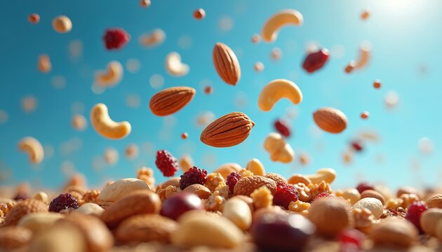 Mixed nuts and dried fruits levitate against bright blue sky. Assorted healthy snacks like almonds, cashews, and raisins scatter in air. Delicious food ingredient, natural energy source for anytime.