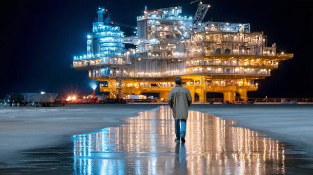 Ocean Platform Perspective: A solitary figure walks towards a towering, illuminated offshore platform, an emblem of industry and progress, as the serene sea mirrors the sky's evening canvas.