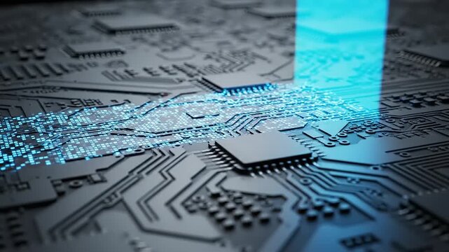 Abstract Digital Circuit Board with Blue Light Flowing Through Microchips.