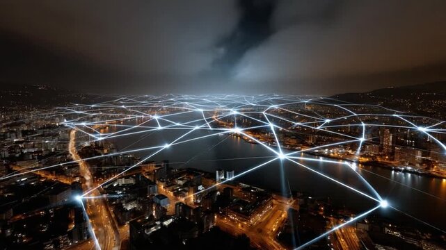 Network Cityscape: High-angle shot of a sprawling cityscape, interlaced with luminous lines. It embodies the essence of interconnectedness and digital advancement within a vibrant urban environment.