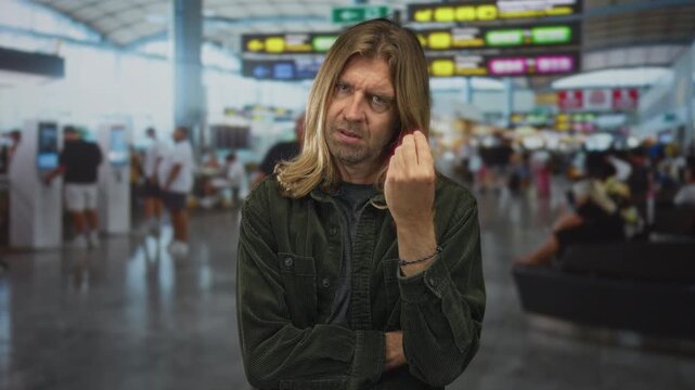 Man with long blond hair holds hand in italian gesture while waiting at busy airport terminal; frustration.