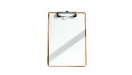 Clipboard holding white paper on black background, slight shadow